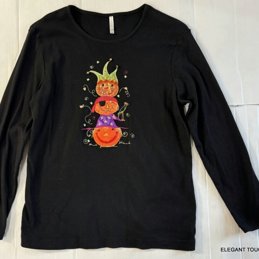 Halloween Womens Black Top S M Pumpkins w/ Bells Beaded Long Sleeve Knit T-Shirt